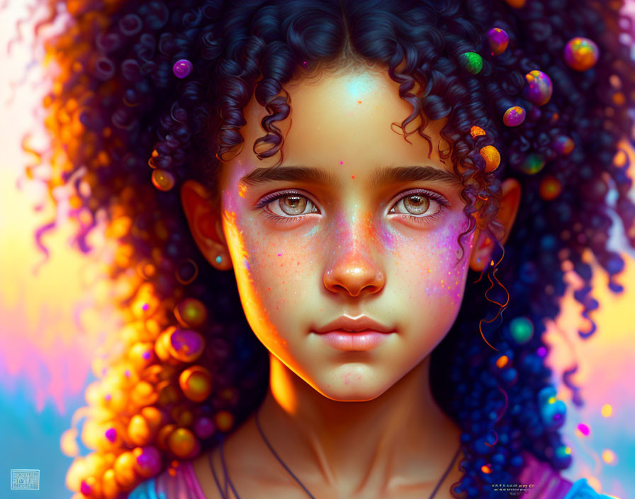 Girl with Curly Hair and Green Eyes Surrounded by Colorful Bubbles on Warm Background