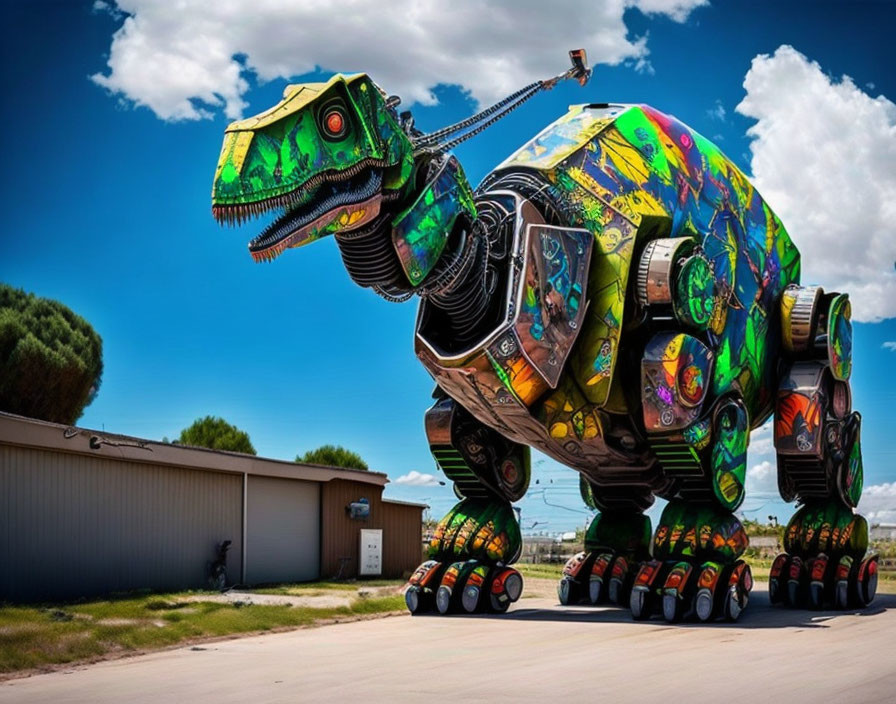 Colorful Mechanical Dinosaur Sculpture on Wheels under Blue Sky