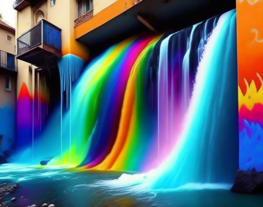 Colorful urban waterfall cascading past buildings.
