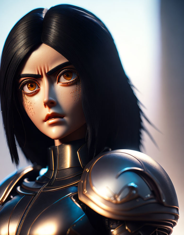 Detailed 3D Render of Female Character in Armor with Black Hair
