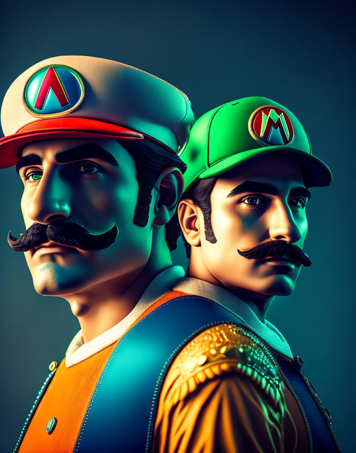 Stylized male characters with mustaches in colorful caps - iconic video game figures