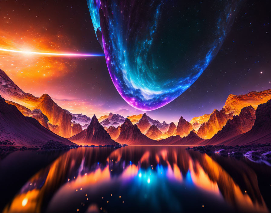 Colorful cosmic scene: planet, shooting star, nebulae, mountain lake at twilight