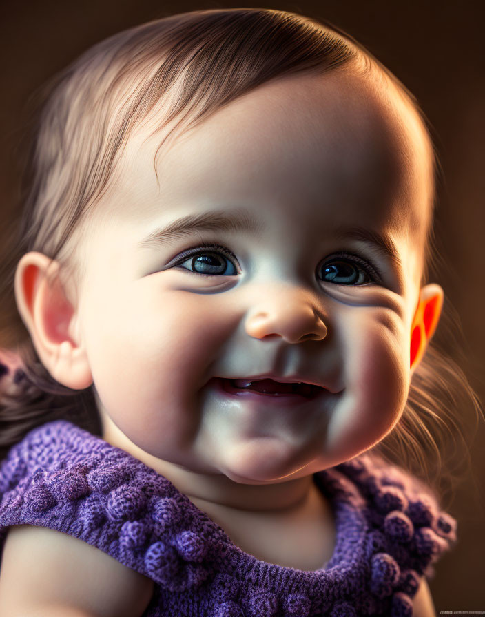 Cheerful Baby in Purple Knitted Outfit Smiling