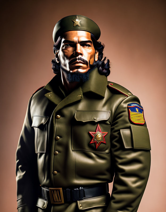 Military man illustration with star emblem on beret and stern expression.