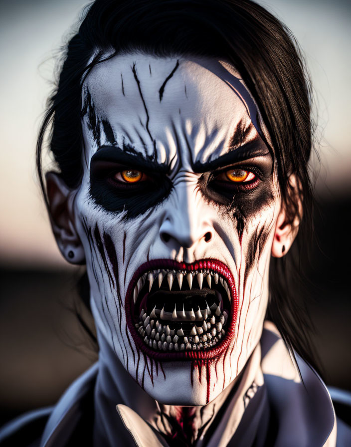 Intense black and white skull face paint with sharp teeth and dark hair.