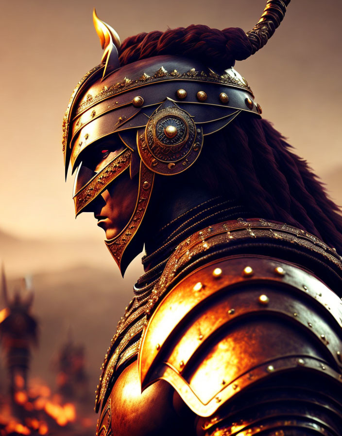 Warrior in ornate armor with plumed helmet against fiery backdrop