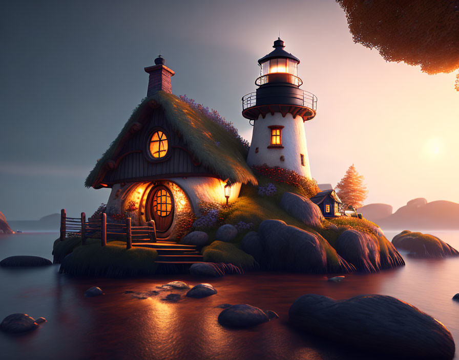 Thatched-Roof Cottage with Lighthouse by Calm Sea at Sunset