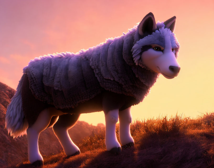 3D animated wolf in sheep's clothing at sunset