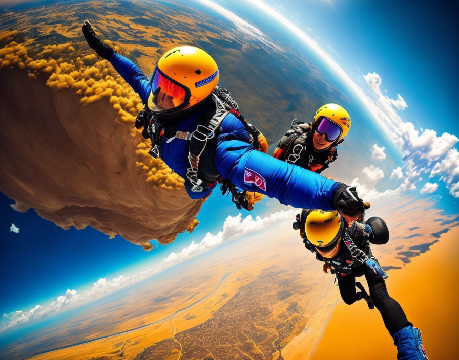 Three skydivers in blue suits and yellow helmets linked while free-falling above vast landscape