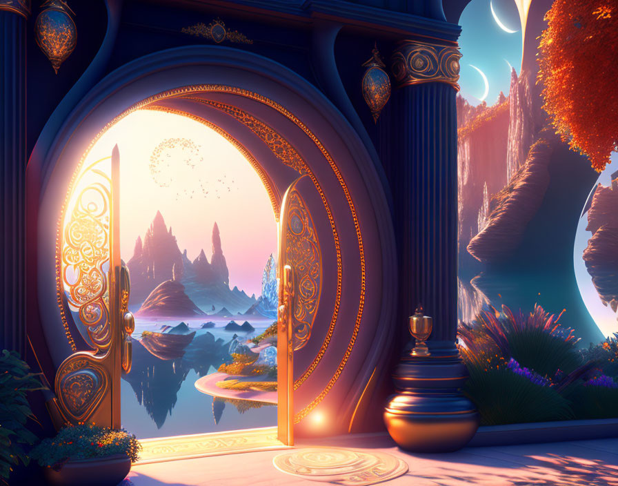 Golden door reveals fantasy landscape with ethereal mountains and serene lake