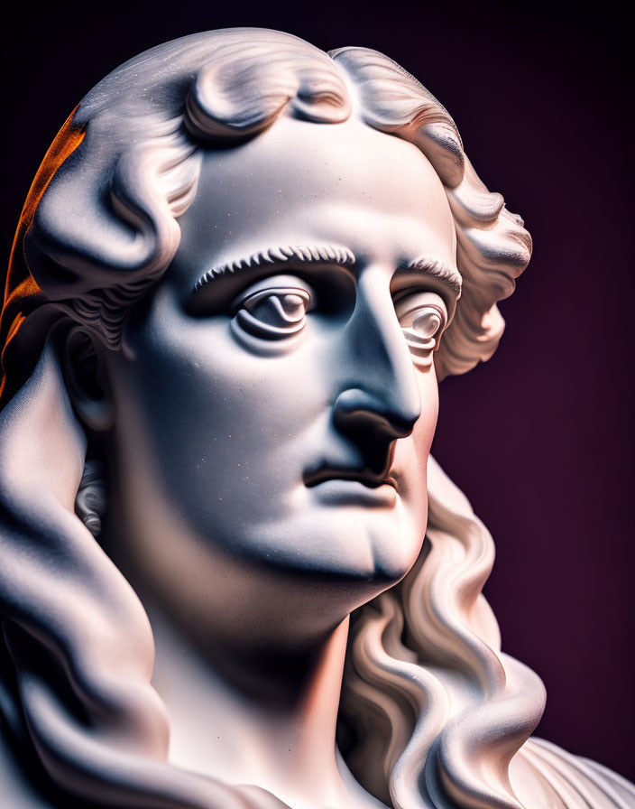 White marble classical bust with wavy hair and serene expression on gradient background