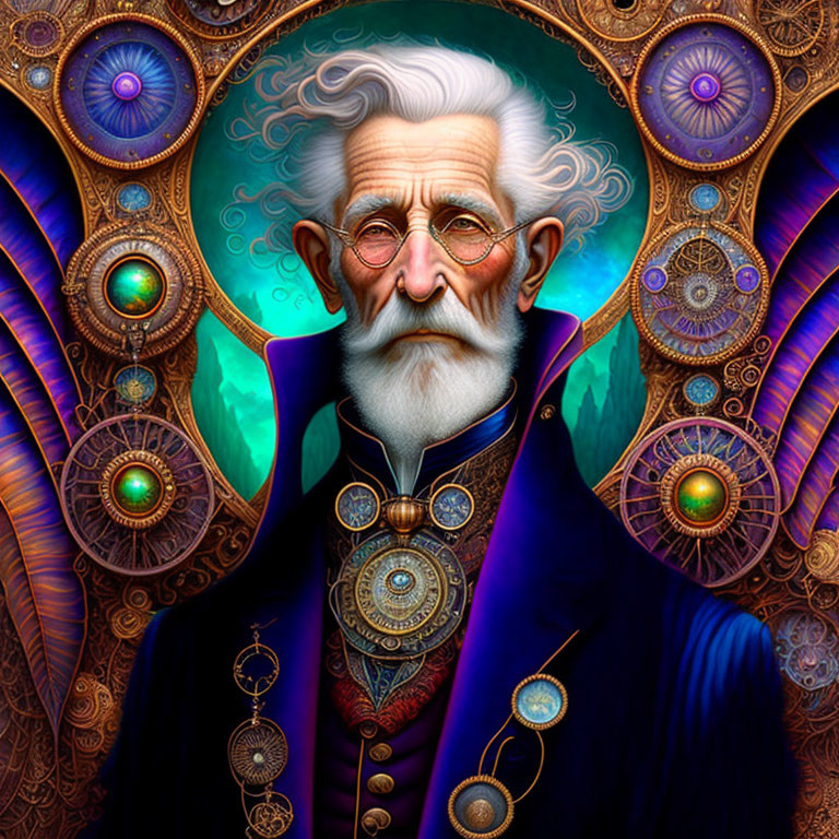 Elder man with white hair and ornate blue jacket in surreal setting