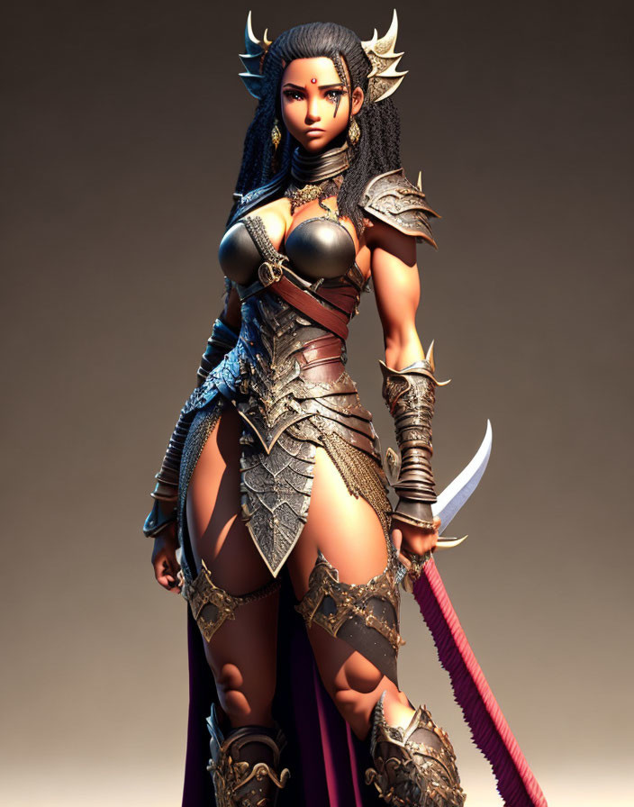 Female warrior digital artwork: ornate fantasy armor, dagger, intricate details, confident pose, dramatic lighting