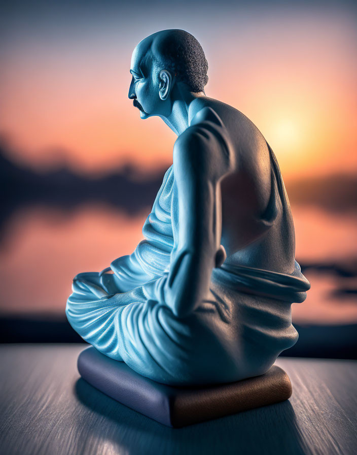Serene meditating figurine in flowing robes at sunset