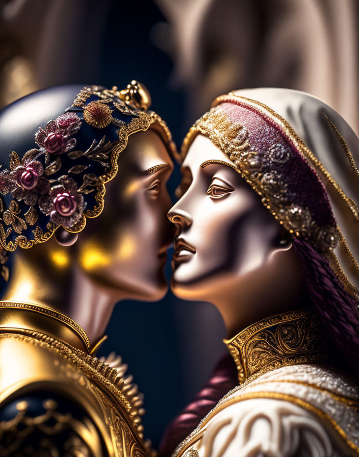 Intricately adorned regal figures in profile with rich colors and golden attire