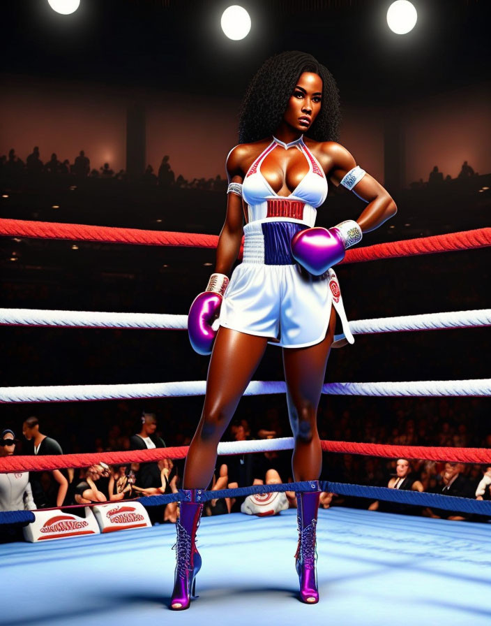 Female boxer in white and purple attire with afro hair ready to fight in boxing ring with audience.