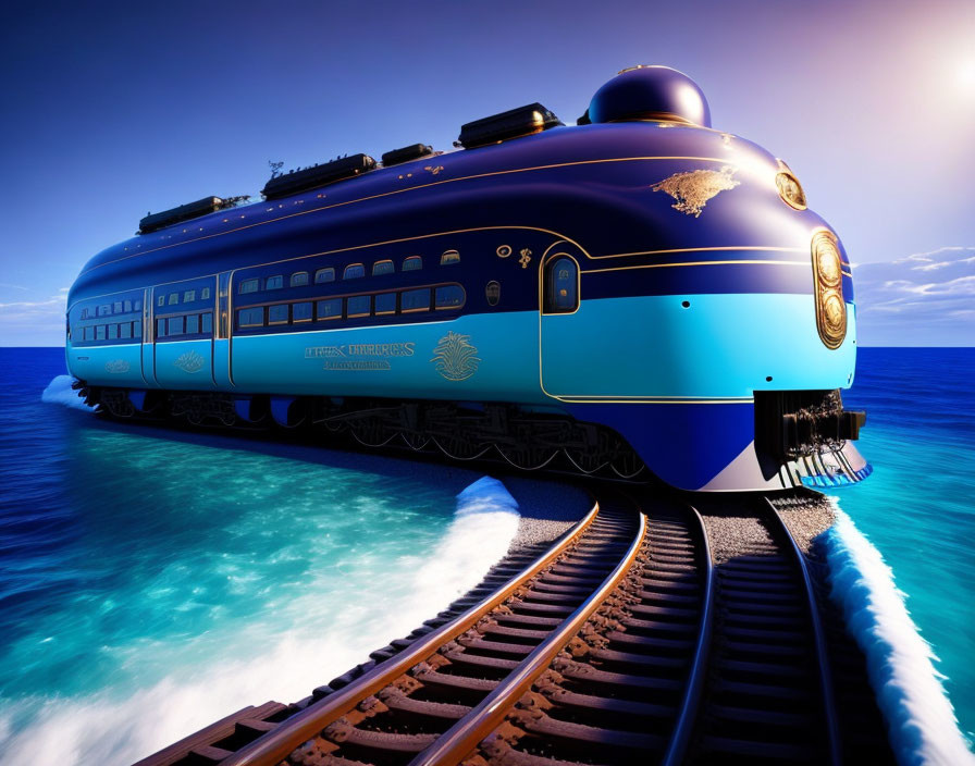 Futuristic Blue Train Over Crystal-Clear Ocean
