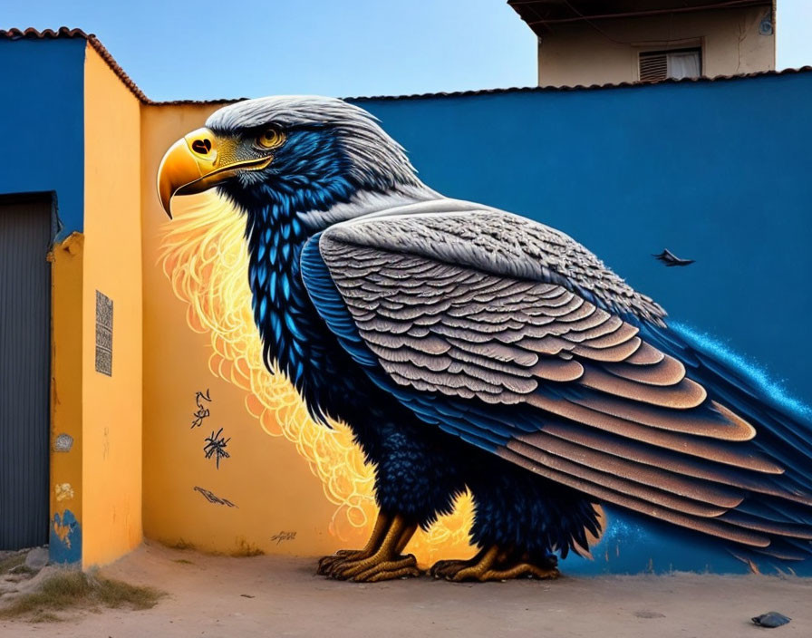 Hyper-realistic mural of majestic eagle with blue feathers on urban wall