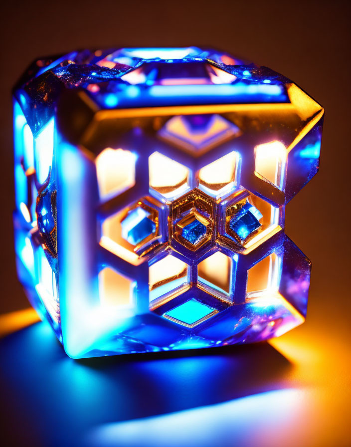 Intricate geometric patterns on illuminated blue crystal cube