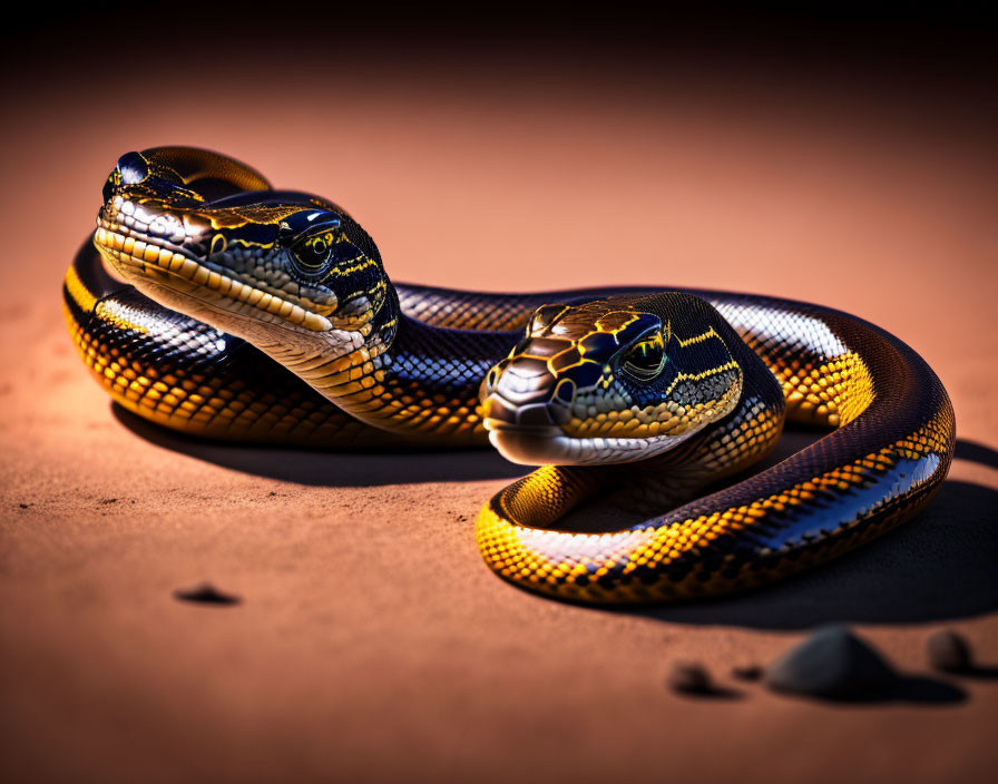 Intertwined snakes with detailed scales in yellow, black, and brown on sandy ground