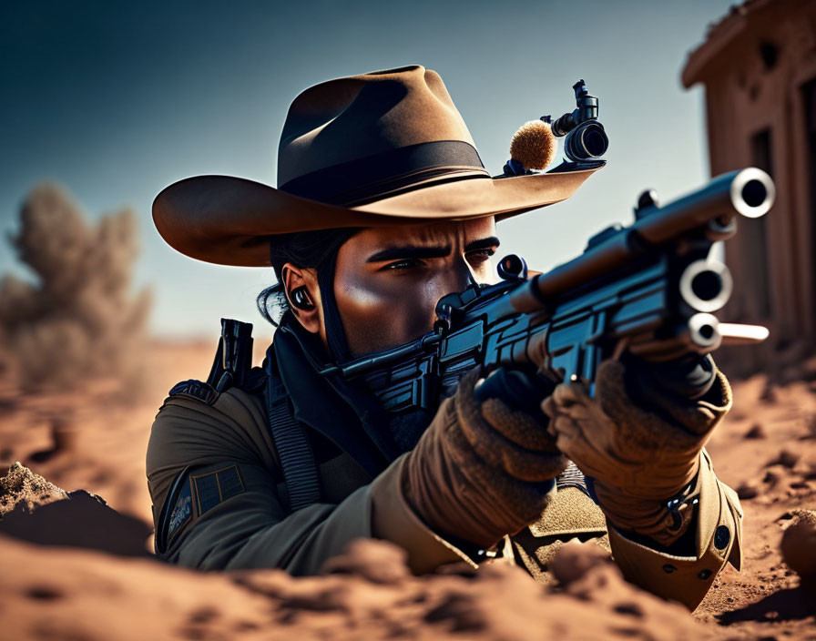 Cowboy hat and gloves person aiming scoped rifle in desert landscape