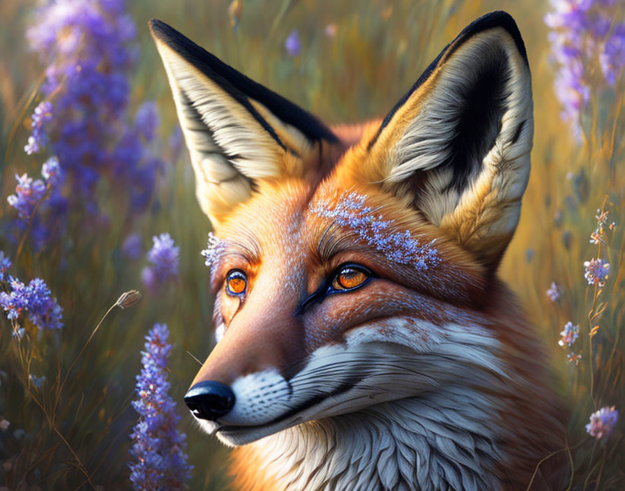 Detailed Illustration: Vibrant Fox in Purple Flower Field