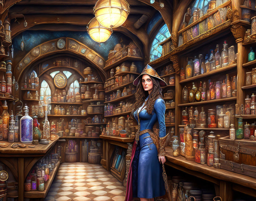 Sorceress in Blue Robe in Mystical Potion Shop