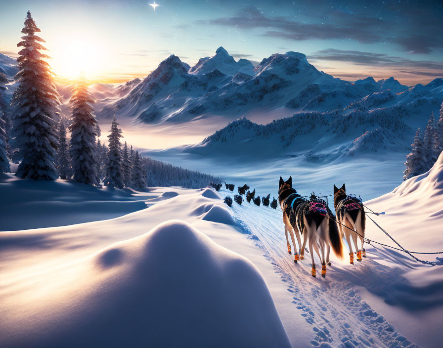 Sled dogs traverse snowy mountain landscape at sunrise