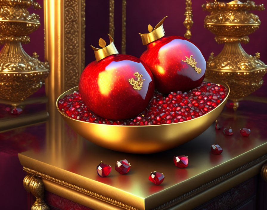 Golden bowl with red jewels, crowned pomegranates, and ornate decorations on purple background