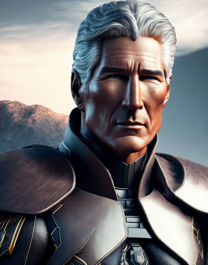 Elderly Character in Futuristic Armor Against Mountainous Background
