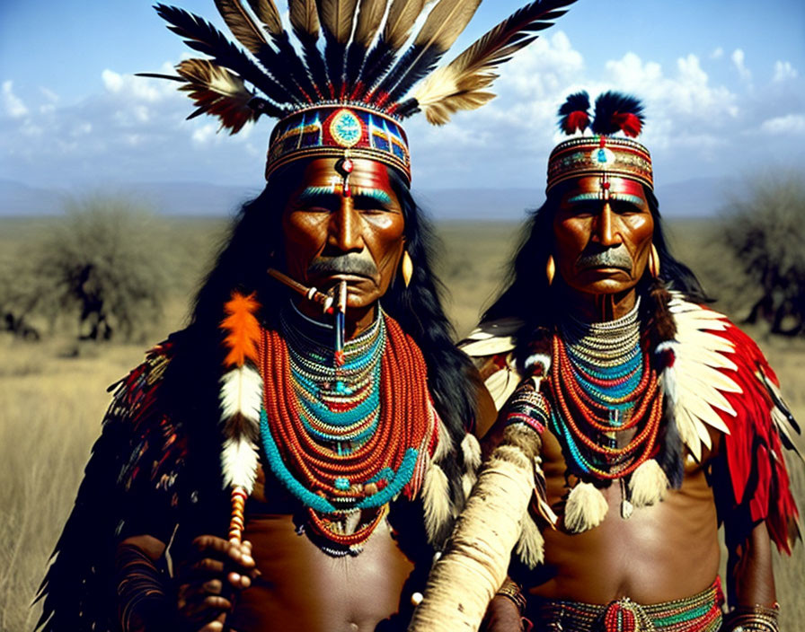 Native American individuals in traditional attire against natural backdrop