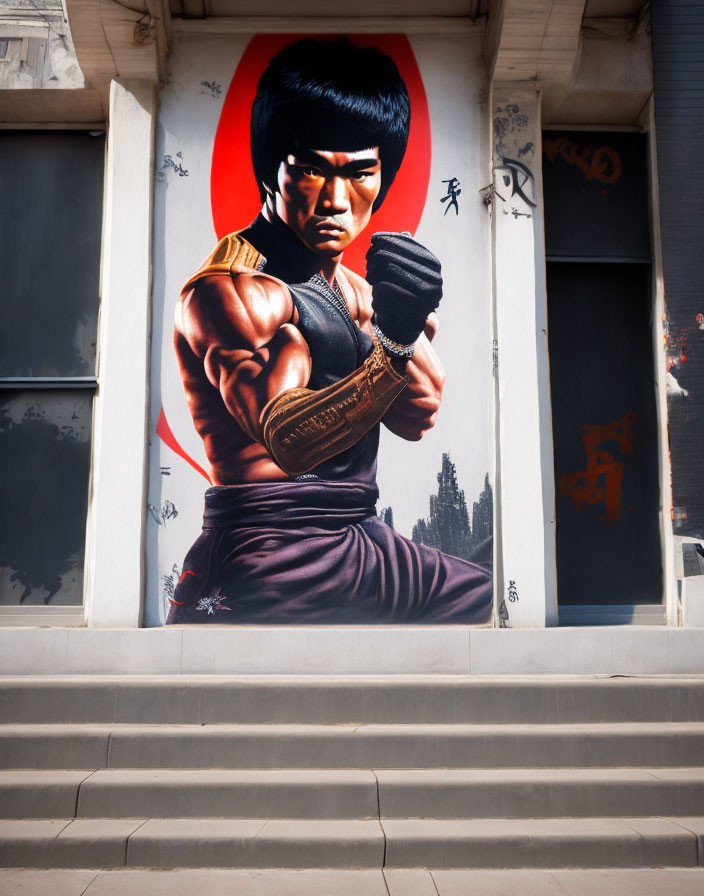 Colorful martial artist mural on building facade with red circle backdrop and stairs.