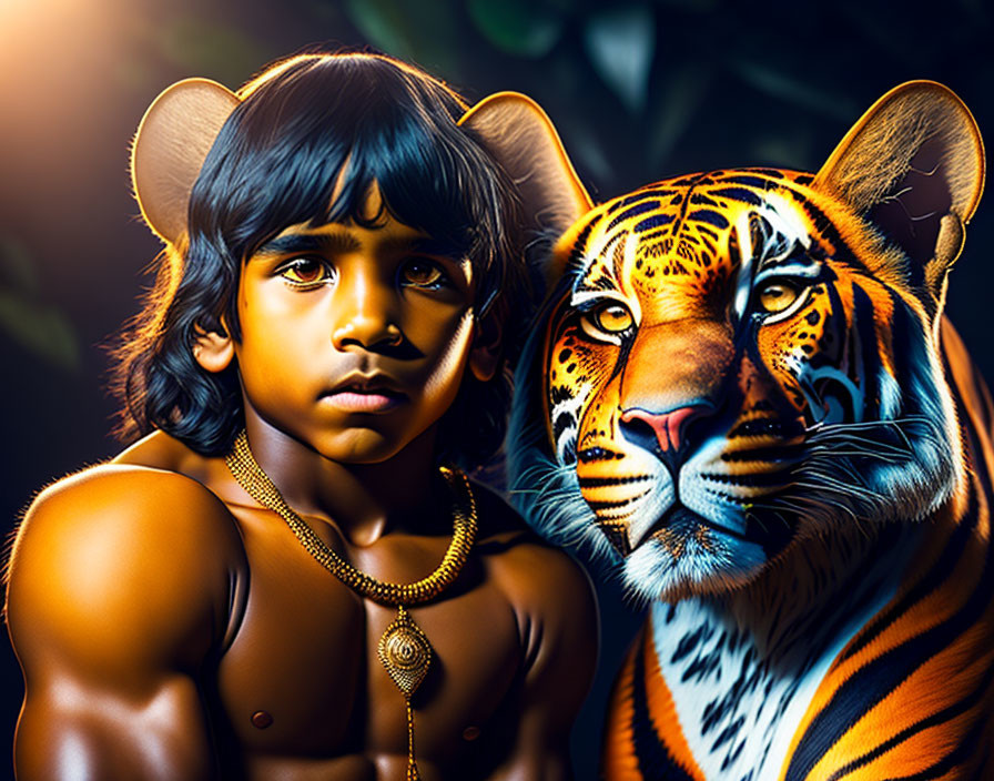 Child and tiger together with jungle backdrop and tiger-ear headgear