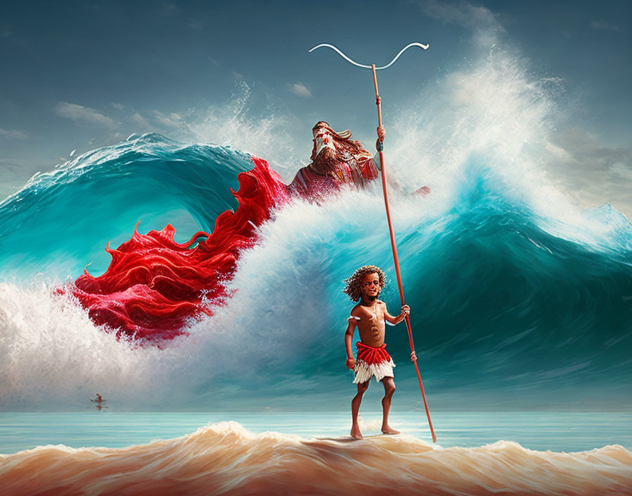 Boy with staff confronts towering wave next to majestic figure parting sea.