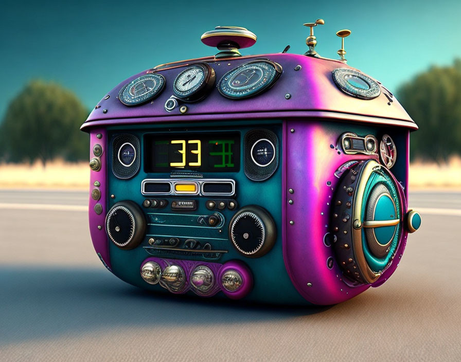 Colorful retro-futuristic device with dials, gauges, and digital clock on blurred background