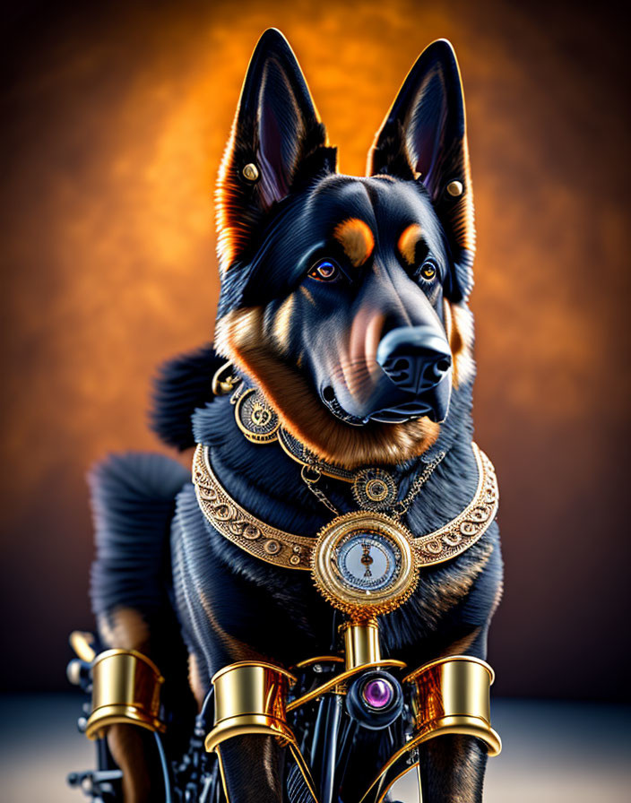 Regal dog with steampunk collar in fiery digital art