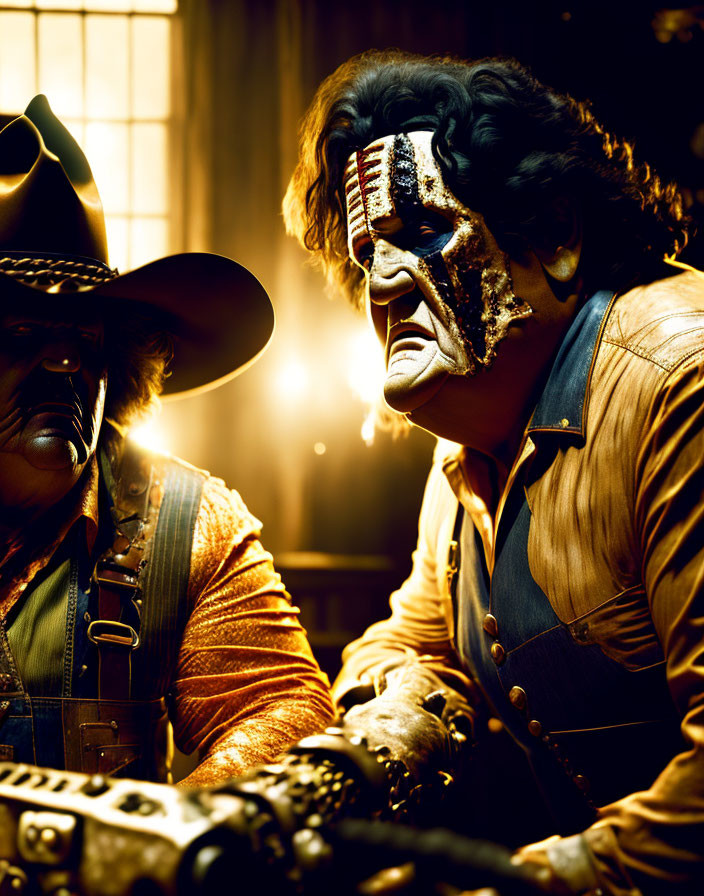 Two Western characters in cowboy hat and face paint sit at dimly lit table