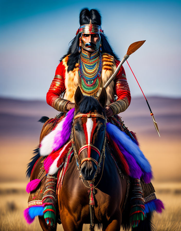 Person in Tribal Attire on Horse with Spear in Blurred Landscape