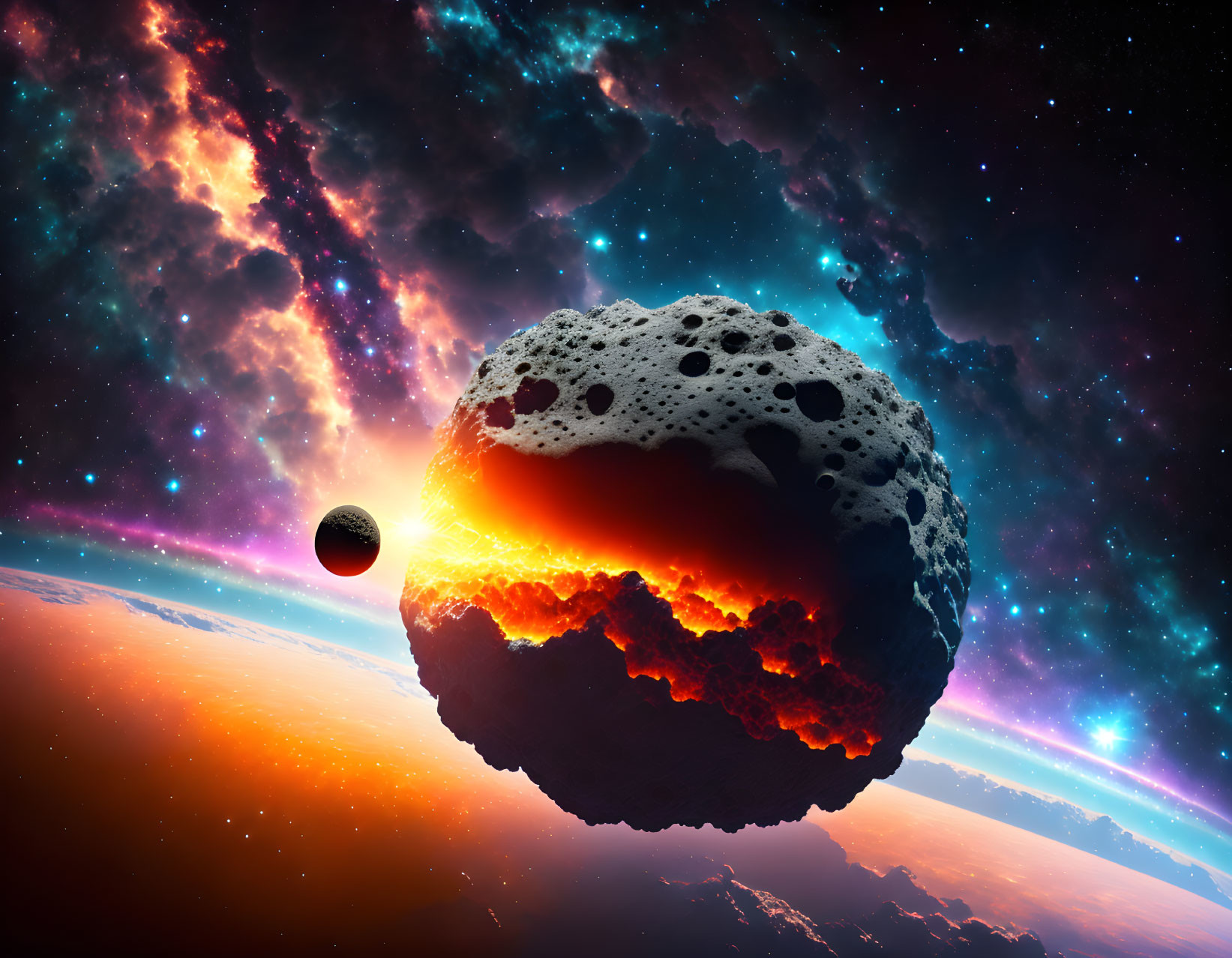 Glowing molten asteroid near planet with star-filled cosmic background