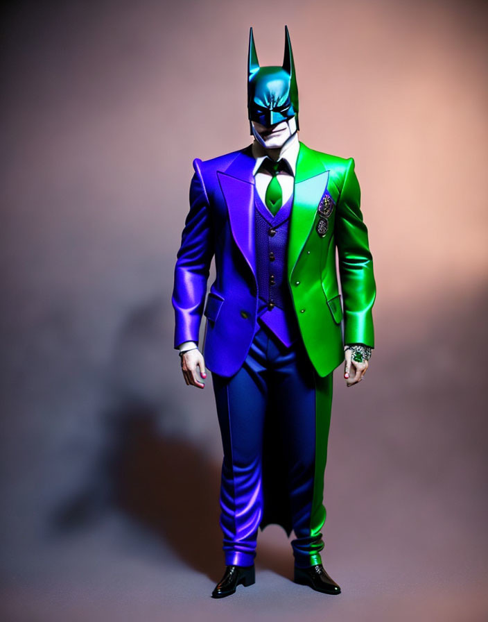 Person in Batman mask wearing purple and green suit with lapel pin and tie on gradient background