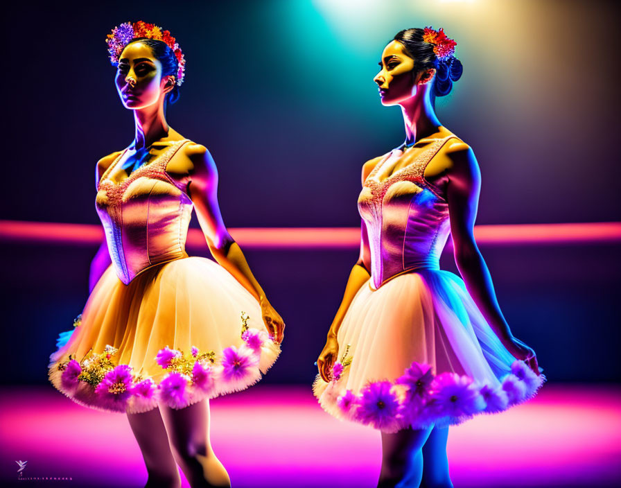 Two ballerinas in tutus with floral headpieces under colorful stage lighting