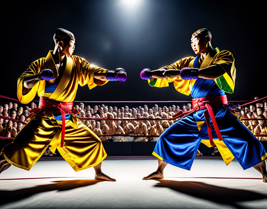 Martial artists in yellow and blue attire face off with audience in background
