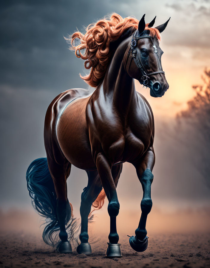 Majestic chestnut horse with flowing mane and tail against moody sky.