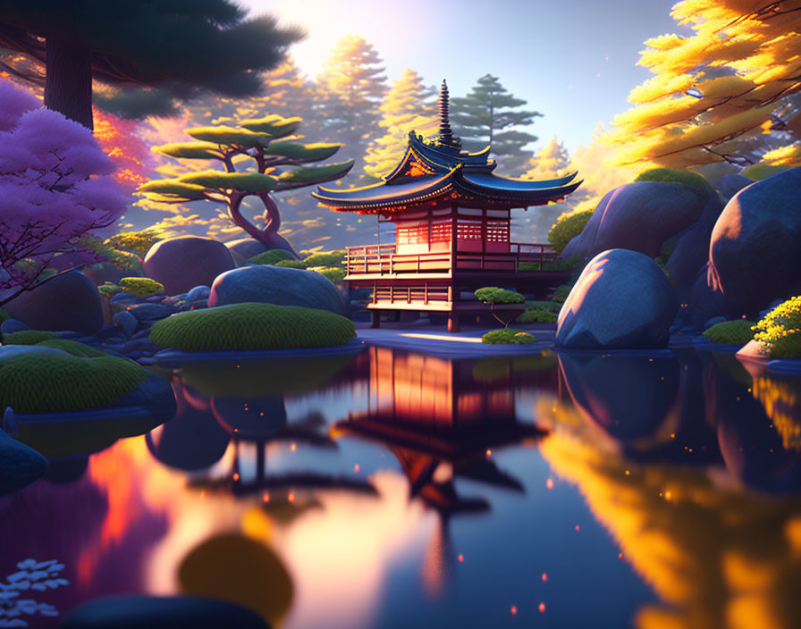 Tranquil Japanese Garden with Red Pagoda at Sunset