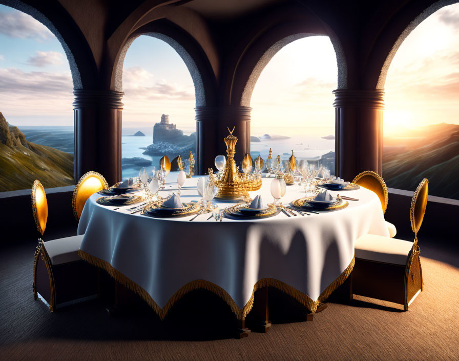 Luxurious Dining Setup with Elegant Tableware and Coastal Sunset View