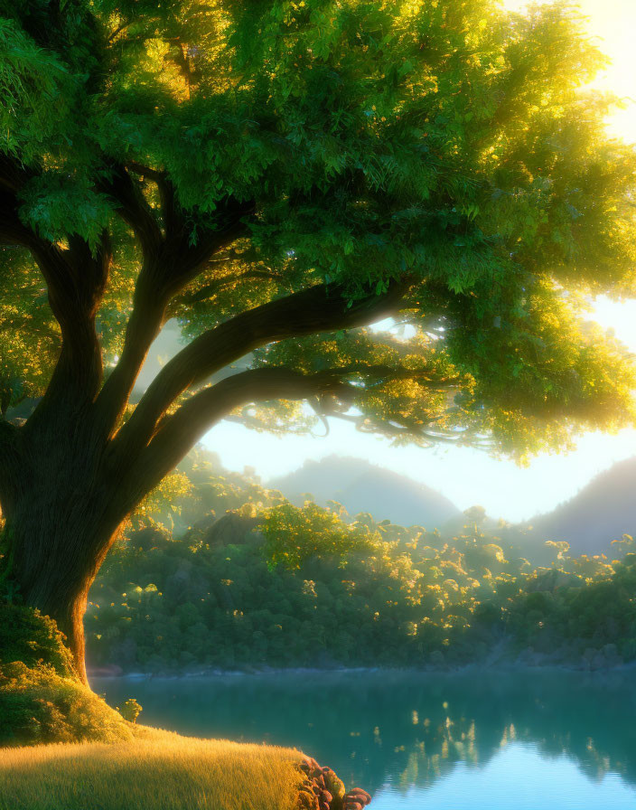 Majestic tree in serene landscape at dawn overlooking tranquil river