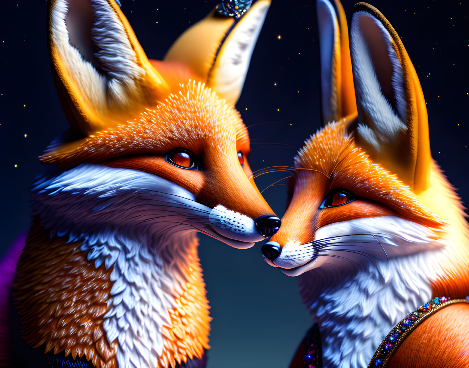 Detailed anthropomorphic foxes with vibrant fur and sparkling jewelry under starry night sky