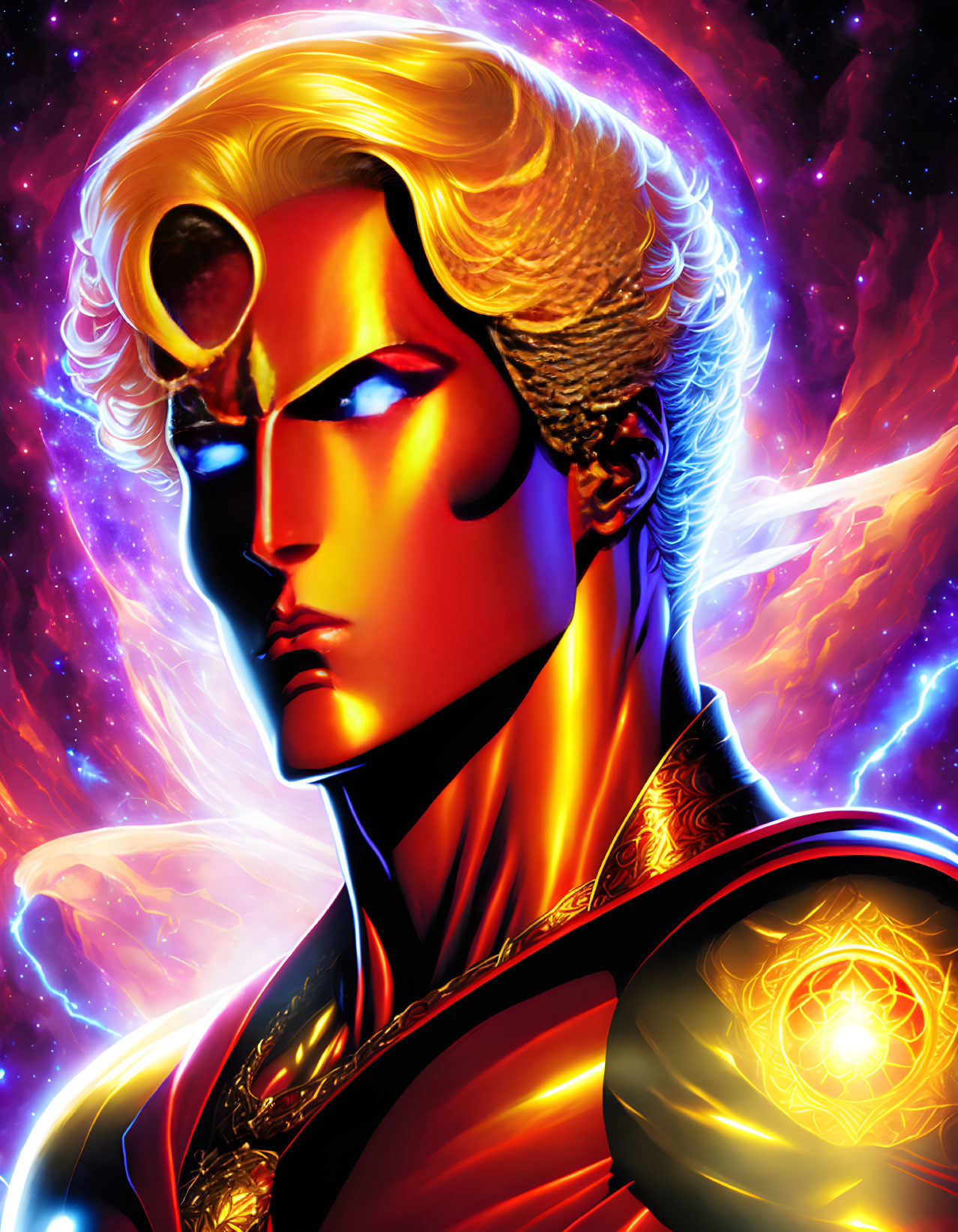 Cosmic superhero with glowing eyes in golden costume against fiery space backdrop