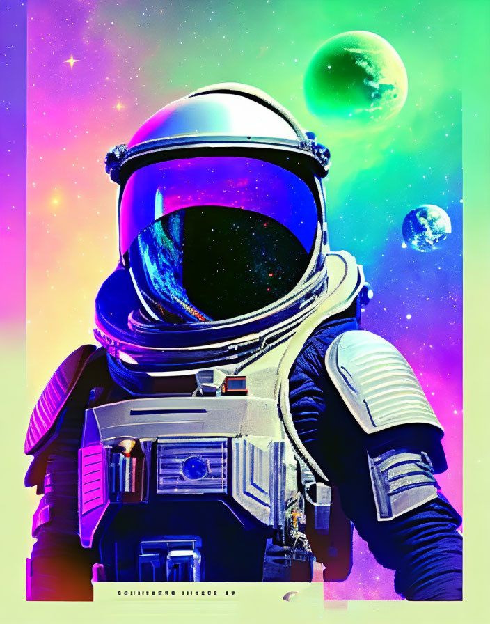 Colorful retro-style astronaut illustration in cosmic setting