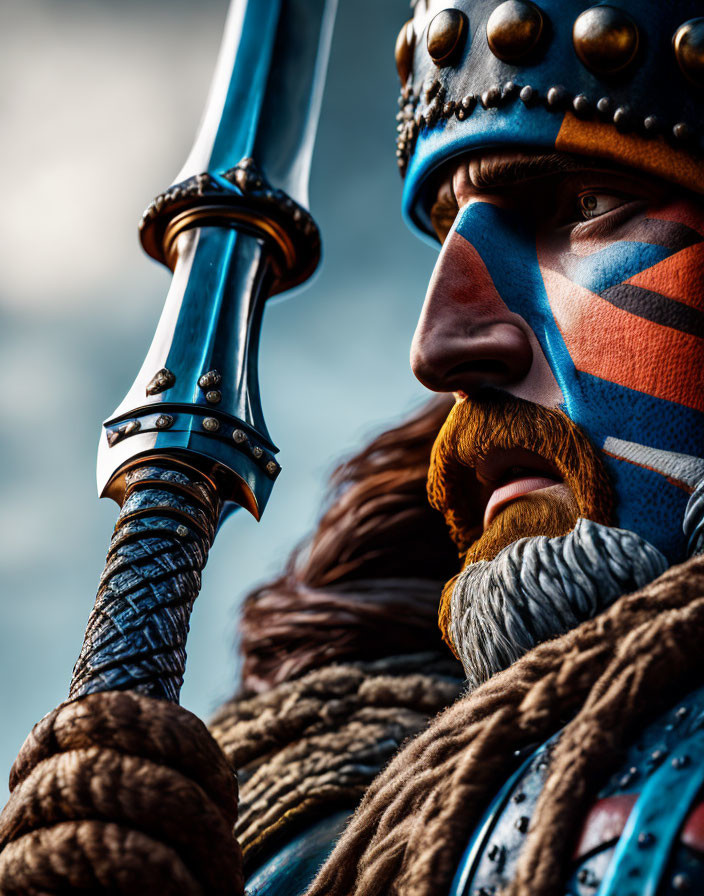 Blue war-painted warrior in Viking armor with sword and intense gaze